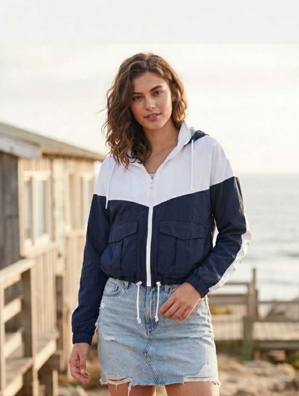 Hollister Navy and White Colorblock Bomber Jacket